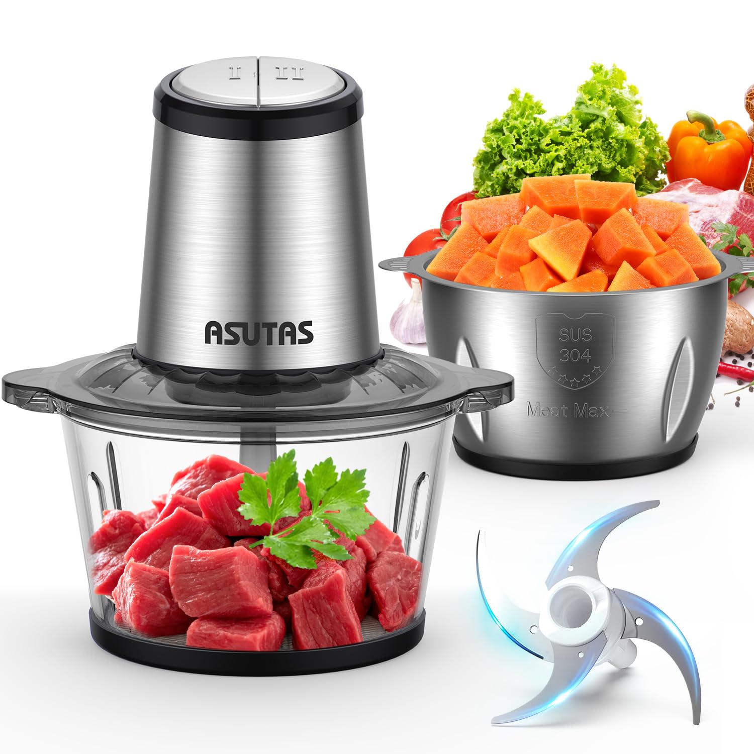 ASUTAS フードプロセッサー 2.0L大容量 【2ボウル】 400Wハイパワー 2段階スピード 4枚刃カッター フードチョッパー 氷も砕ける ブレンダー 離乳食 電動 挽肉 みじん切り フードミキ