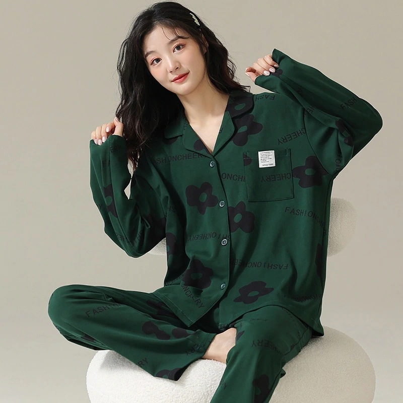 2023春服レディースルームウェアセットアップ綿100上質肌にやさしい毛玉ができない韓国ファッションレディース部屋着長袖折襟トップスロングパンツ上下二点30%制限