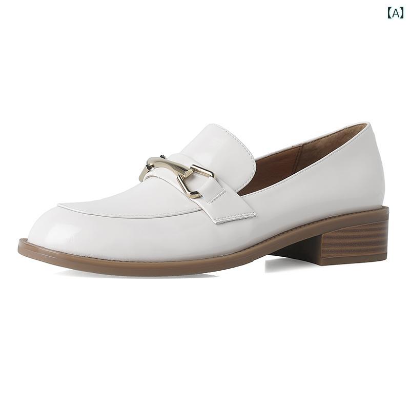 ローファー レディース オフィス カレッジ 通勤 通学 仕事 女性 明るい パテントレザー 春 英国 メタル バックル ソフトレザー 厚手 ヒール 小さい 革靴