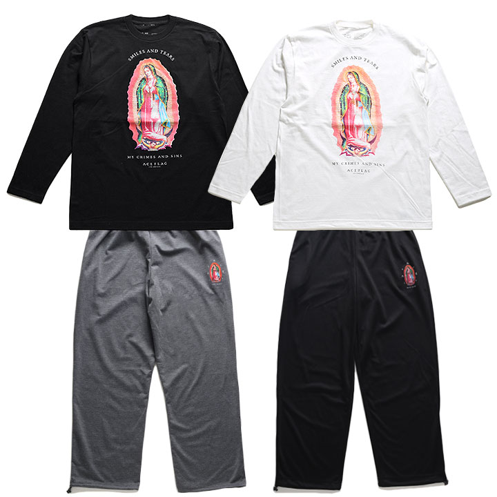 ACE FLAG 上下セット 長袖 ブランド スケボー メンズ 黒/白 大きいサイズ エースフラッグ セットアップ ロンT 上下 聖母 マリア 聖母マリア グラデーション