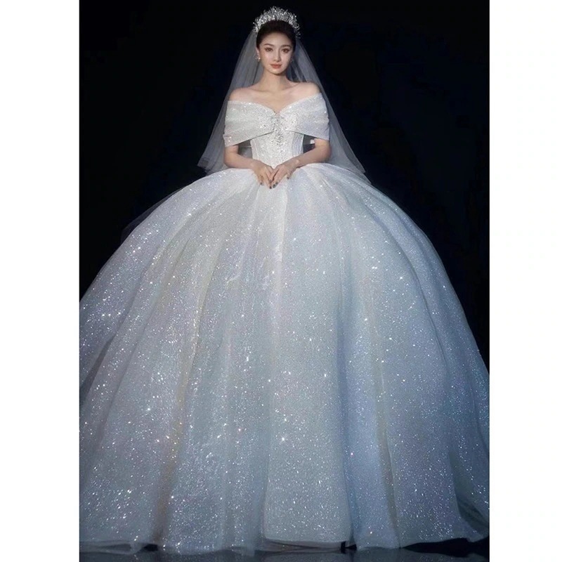 ボートネック作ホワイトトレーンフレンチヴィンテージ気質高級感花嫁結婚式ドレスフレンチヴィンテージロングドレスフィッシュテールパーティードレステーマドレス結婚式お呼ばれホワイトドレス