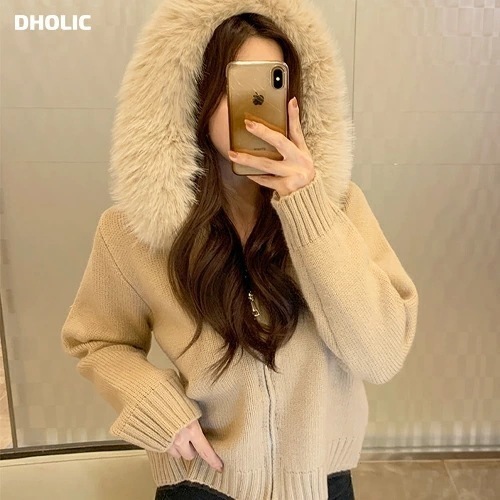 [メガ割りSALE]エコファーフードニットジップカーディガン 6,072円