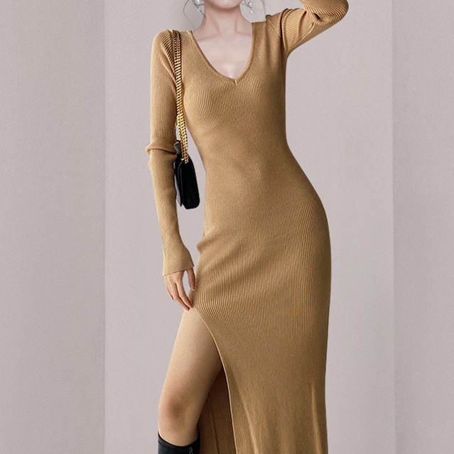 サイドスリット ワンピ レディース ワンピース ロング 長袖 Vネック タイト スリム 細身 Iライン かわいい 大人可愛い きれいめ シンプル 上品 おしゃれ かっこいい レトロ こなれ感 ラフ