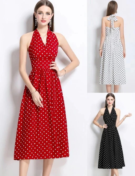 【高品質の製品】 高品質新入 再入荷品ミディアム丈ワンピース ひざ丈ワンピース ノースリーブワンピース 袖なし Vネック フリル ドット柄 ドレス【大きいサイズ レディース 春夏 結婚式 きれいめ タ