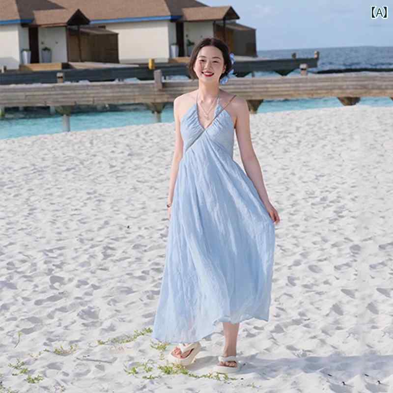 リゾート ワンピース 大人 レディース ブルー フレンチスタイル ノースリーブホルター ネック サスペンダー ドレス 女の子 フェアリー 海辺 バカンス ロング ドレス 5,237円