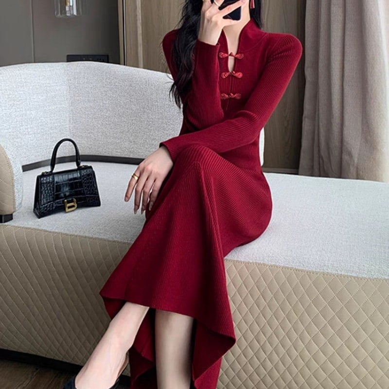 高級感 チャイナドレス ドレス ワンピース レッド ニットワンピース パーティードレス レディース