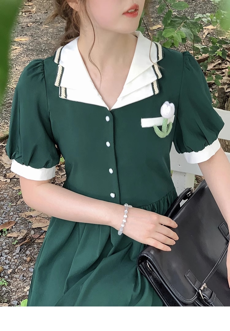 プラスサイズ 女性 V ネック コントラストカラー ハイウエスト ドレス 個性的 ワンピース 膝下 袖あり 半袖 Vネック 襟付き かわいい 大人可愛い 大人 上品 おしゃれ お洒落 無地 夏 10代