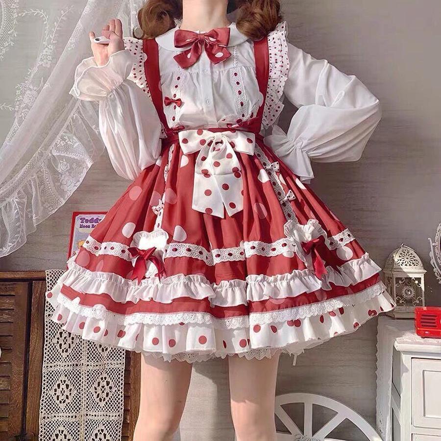 サンタlolitaスカート日常ロリタSK赤いハーフスカート波点背帯軽loスカート+インナー