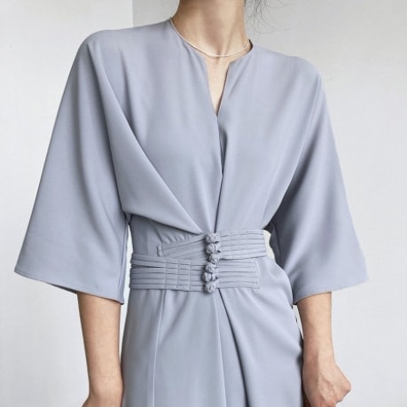 レディース ワンピース ドレス ロング 5分袖 7分袖 Vネック キーネック ウエストマーク 伸縮性 フロントタック パンクロージャー チャイナボタン風 薄手 ポリエステル シンプル 上品 おしゃれ