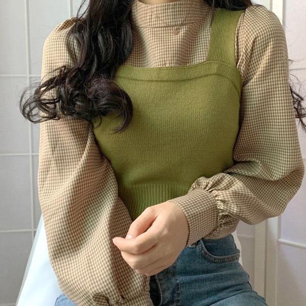 レディース ローハイネック ゆったり ビスチェ トップス 薄手 2点セット ミディアム丈 長袖 無地 ブラウス ノースリーブ パフスリーブ ニットビスチェトップスシャツブラウストップスシャツブ