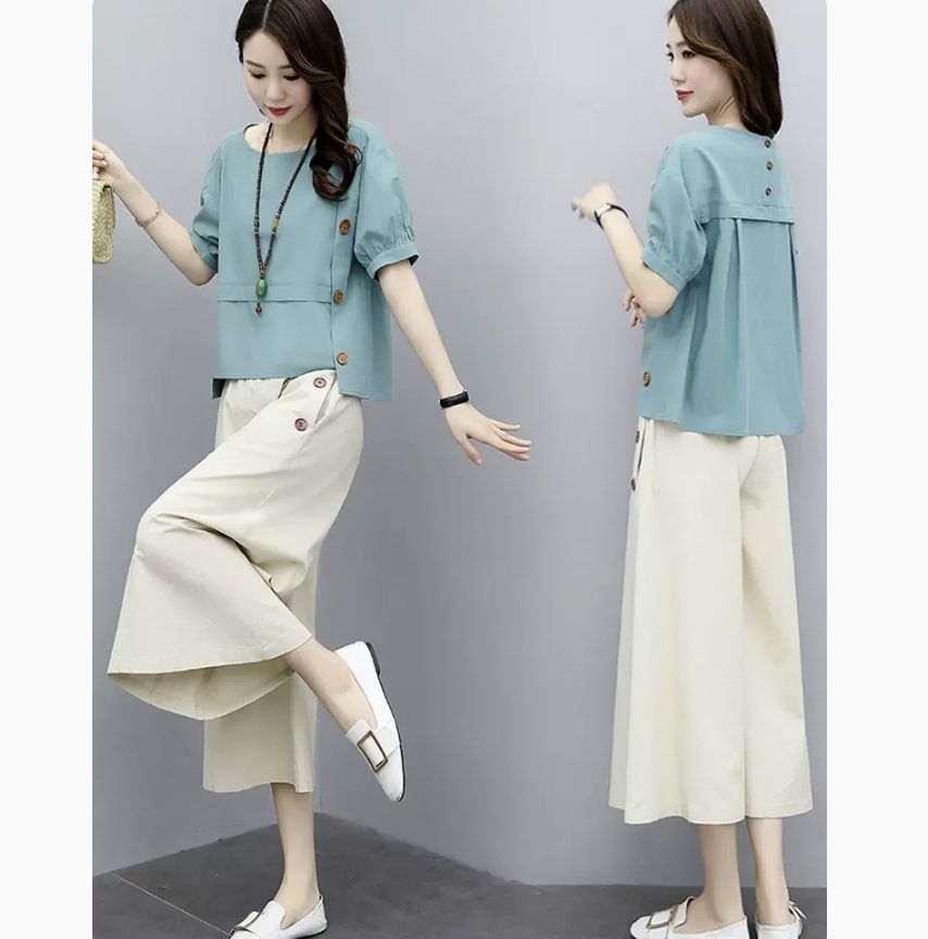 トップス ボトムス パンツ ズボン ワイドパンツ ガウチョパンツ クロップドパンツ レギュラー丈 袖あり 半袖 5分袖 五分袖 ラウンドネック ワイド 上下セット 2点セット ツーピース きれいめ