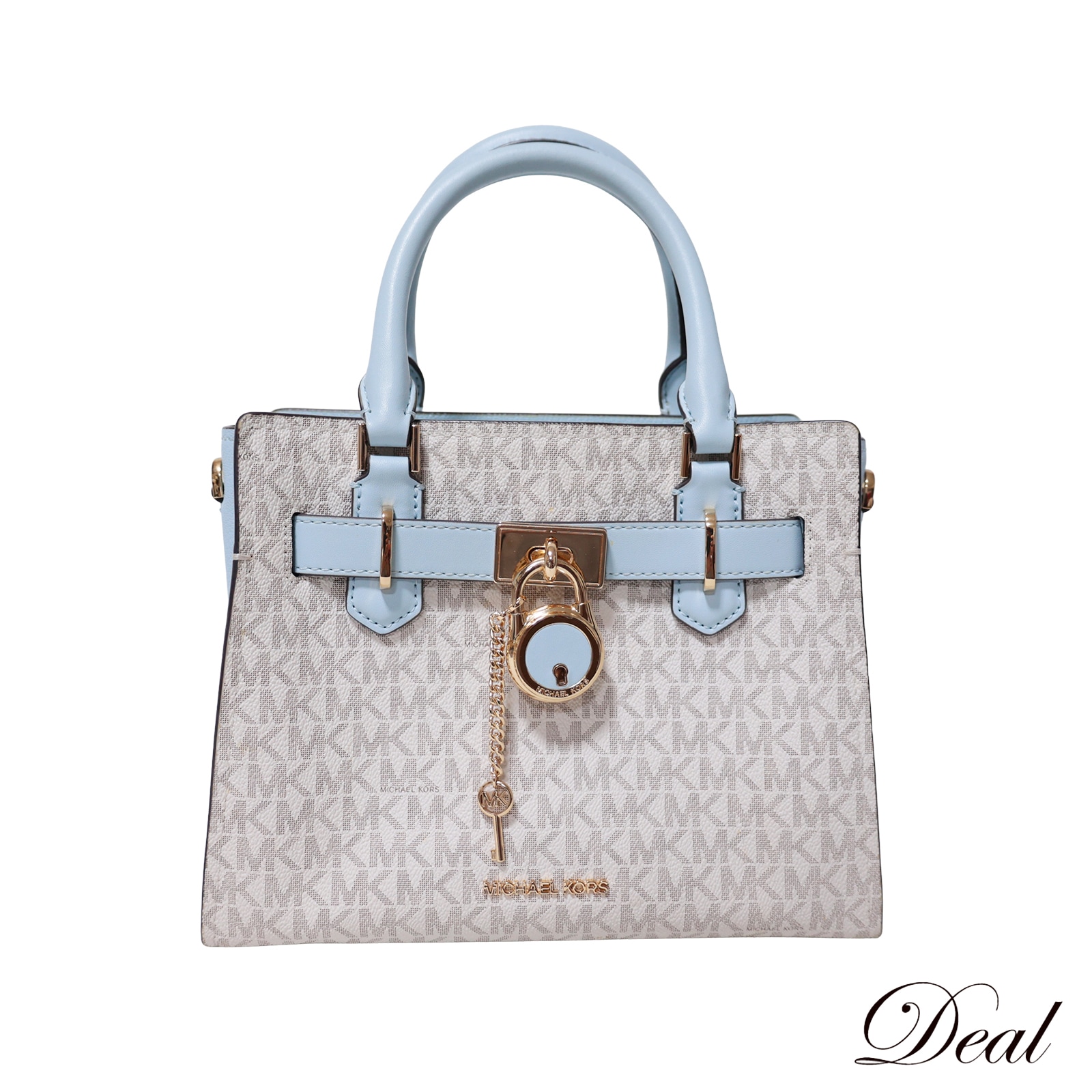 マイケルコース MKシグネチャー ライトブルー ホワイト系 ゴールド金具 鍵付き ブルー レディース ハンドバッグ