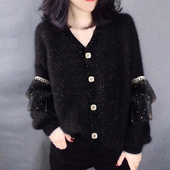 ジャケット ニットカーディガン Vネックセーター 羽織物 ハイエンド レディース 新作 春秋冬 インナーシャツ フリル 袖コンシャス ボタン ラメ スパンコール 華やか ミドル丈 長袖