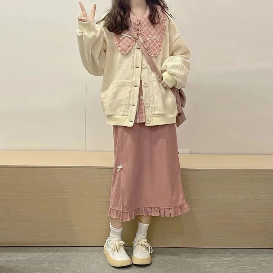 F176三点セット スカート+カーディガン シャツ+コーデュロイ ピンク 韓国 学生 女 セット 秋冬 涼しく楽ちんセットアップ