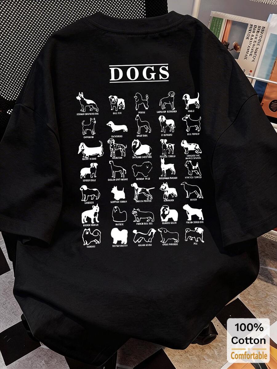 カートゥーンパターン 半袖 ミドル丈Tシャツファッショナブルなカジュアルトップス ブラック 夏用 レディース