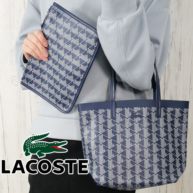 ラコステ トートバッグ レディース NF4338 ハンドバッグ 小さ目 ミニトート ロゴプリント ポーチ付き モノグラム柄 クラッチバッグ きれいめ カジュアル ネイビー ゼリー コーテッドキャンバス