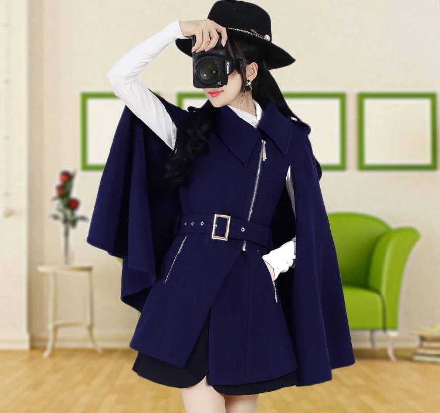 ケープ トップス 袖なし ノースリーブ 襟付き Aライン ベルト ウエストマーク ファスナー ポケット ハイウエスト 前開き 厚手 かわいい 大人可愛い きれいめ シンプル カジュアル 大人 上品