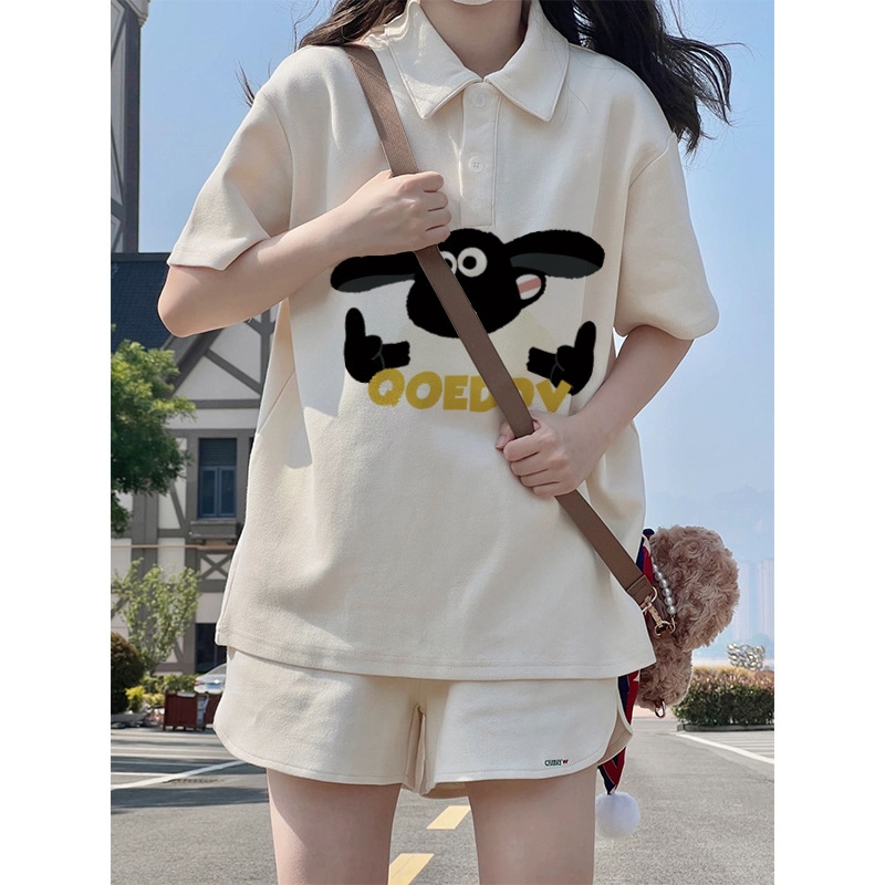 日本製ラムポロシャツ半袖ショーツスポーツウェアスーツ女子夏学生韓国風ゆったりカジュアル2点セット