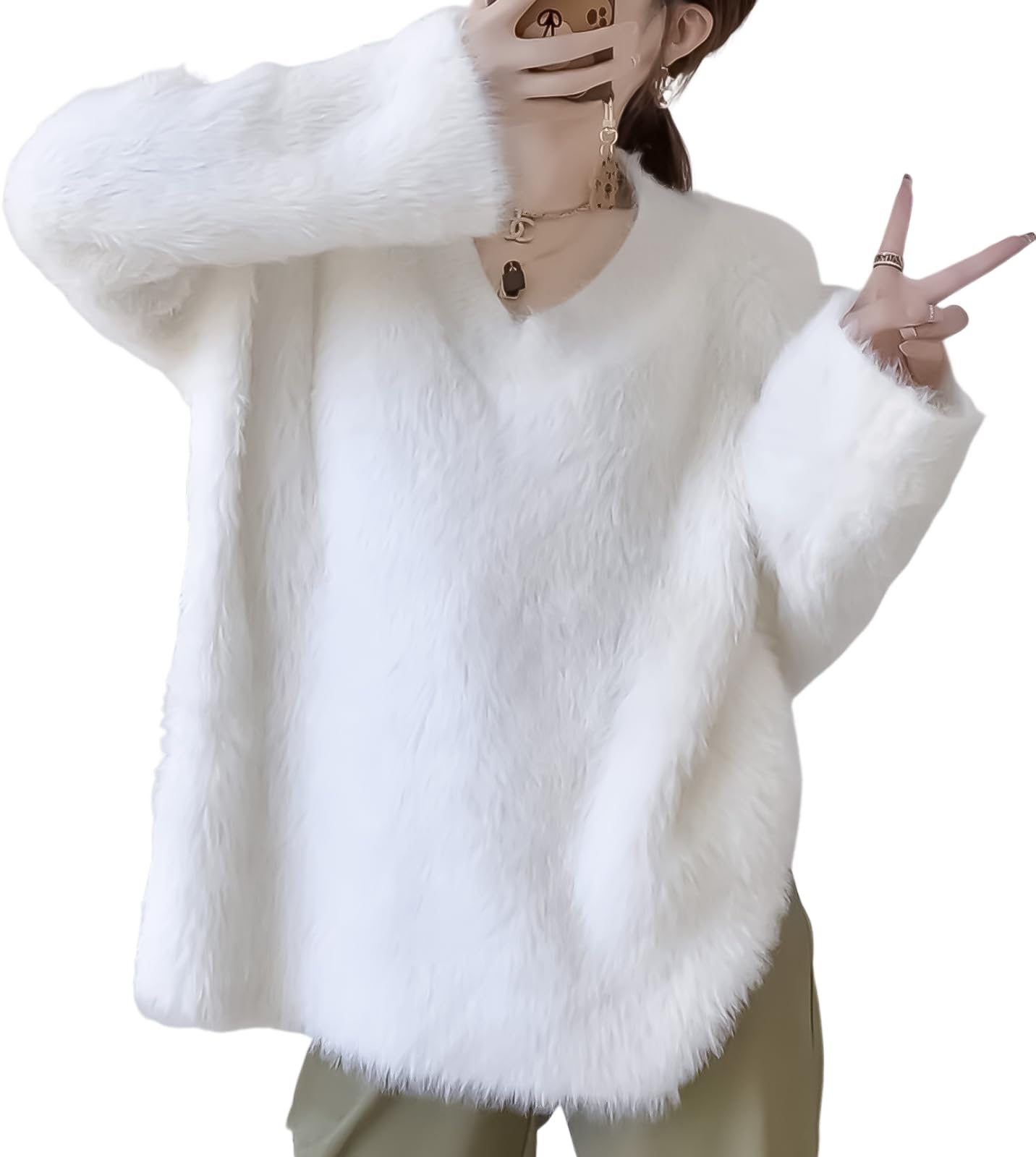 [ニューネ] ふんわり ニット レディース vネック セーター カジュアル ふわふわ あったか プルオーバー 秋 冬 もこもこセーター 長袖 白 秋冬 フワフワ モコモコ もこもこ あったかい 大きい