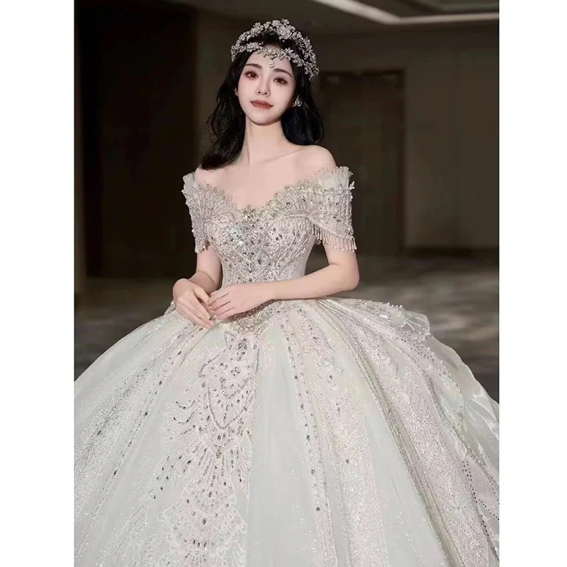 ワンショルダー ウェディングドレス ブライダル 2025 主糸 重工業 マタニティ 大きいサイズ プリンセスドレス