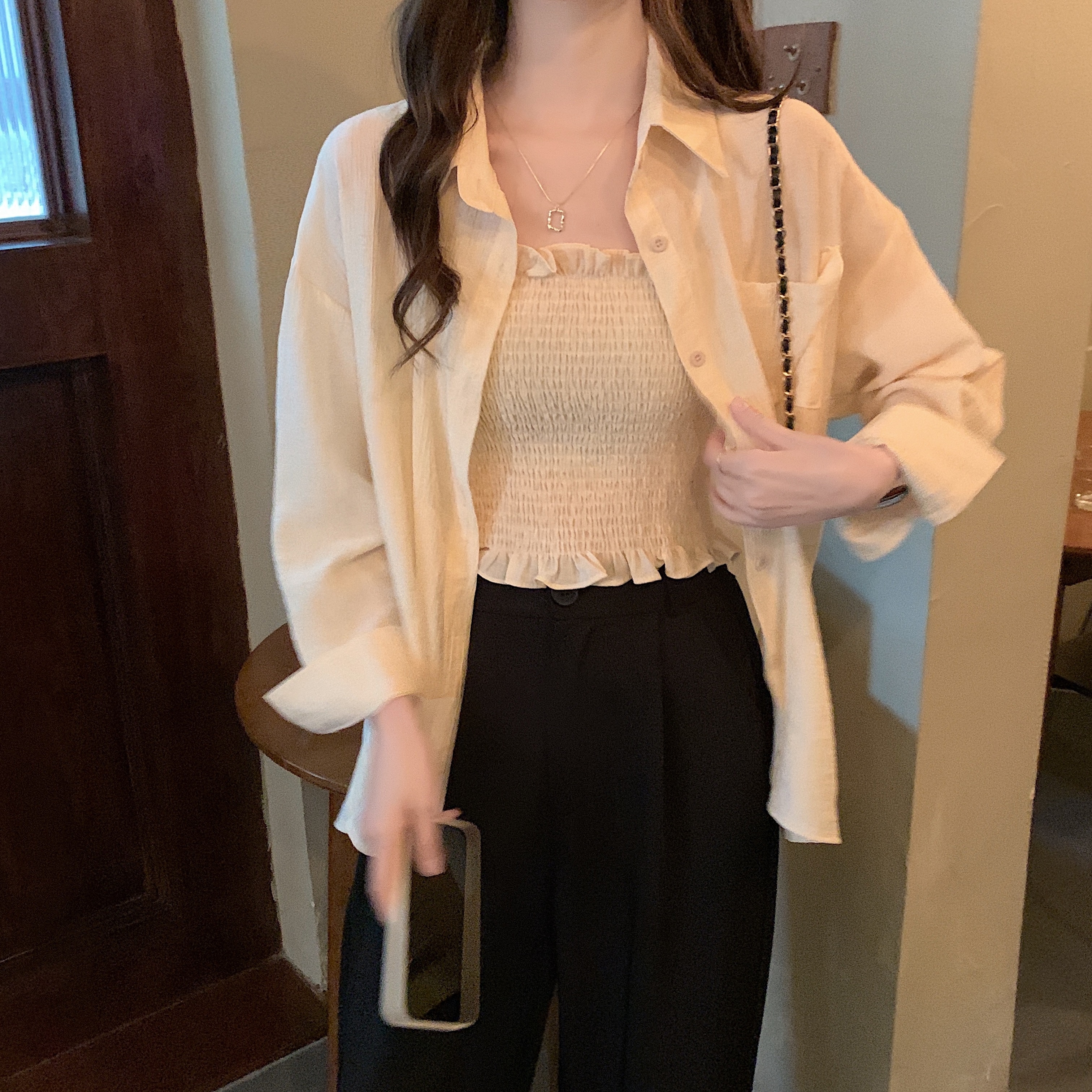 セットアップ トップス セットアップ ルームウェア シャツ ブラウス キャミソール 白シャツ 白トップス 袖あり 長袖 ドロップショルダー 萌袖 襟付き スリム タイト 細身 ストレート フリル