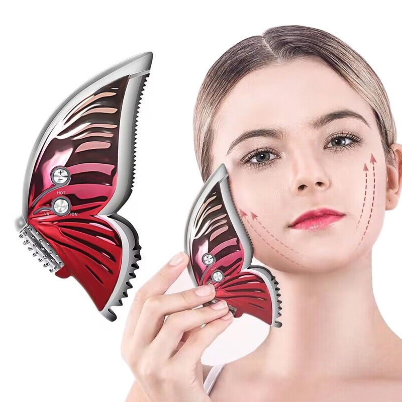 電動カッサ 電動かっさ 温熱かっさ かっさ 美顔器 美顔ローラー 蝶型 電動かっさプレート 振動 温感 イオン微電流 カッサ 電動 全身用 7つモード 5段階レベル USB充電 プレゼント ギフト