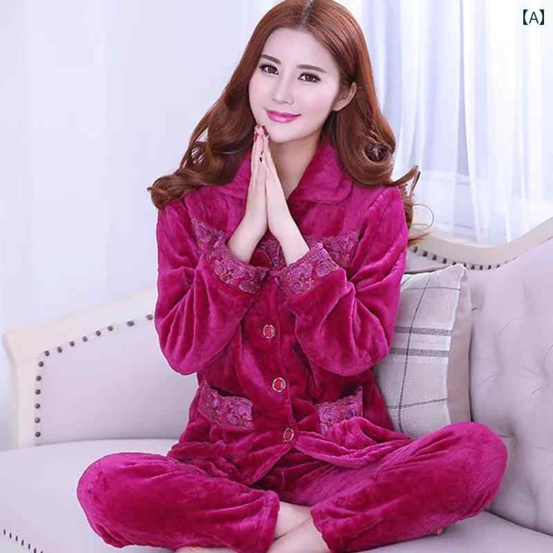 ルームウェア レディース パジャマ 部屋着 ガーリー コーラルベルベット フランネル 秋冬 長袖 ラウンドネック プルオーバー 暖かい タイプ ホームウェア チェック柄 レース レトロ ピンク ネイビ