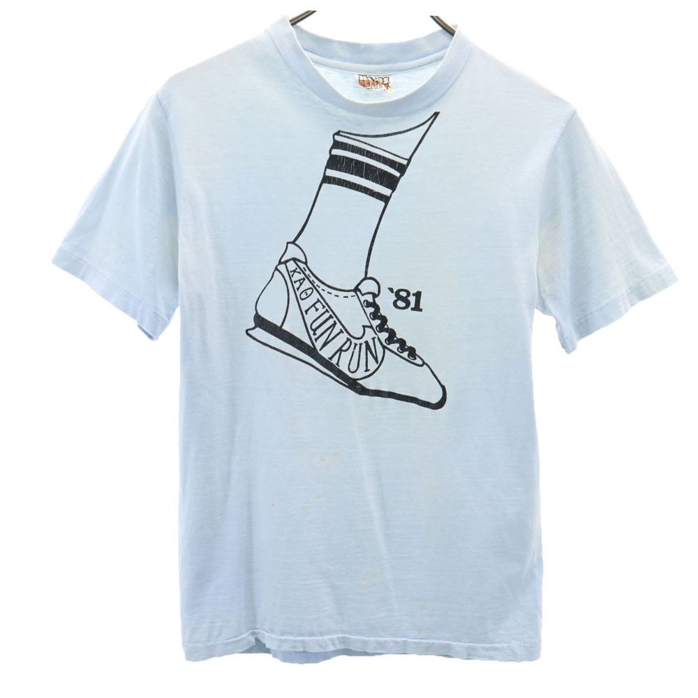 80s USA製 ヴィンテージ オレンジタグ プリント 半袖 Tシャツ S ブルー メンズ