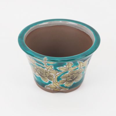 盆栽鉢 九谷焼 唐草 4号 幅12.5cm高さ7.8cm 陶器鉢 陶器 ミニ盆栽 ミニミニ 唐草模様 山野草 植木鉢 絵付け 丸反型鉢 盆栽妙