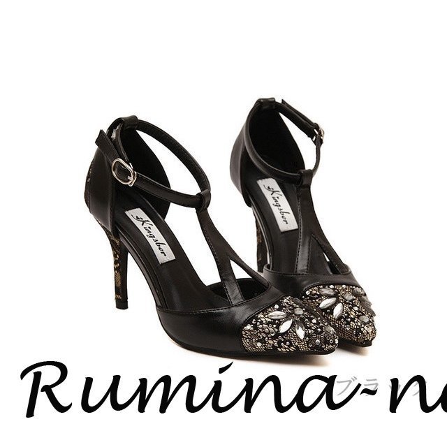 ビジュー レース アンクルストラップ Ｔストラップ パンプス ピンヒール ポインテッドトゥ フェイク