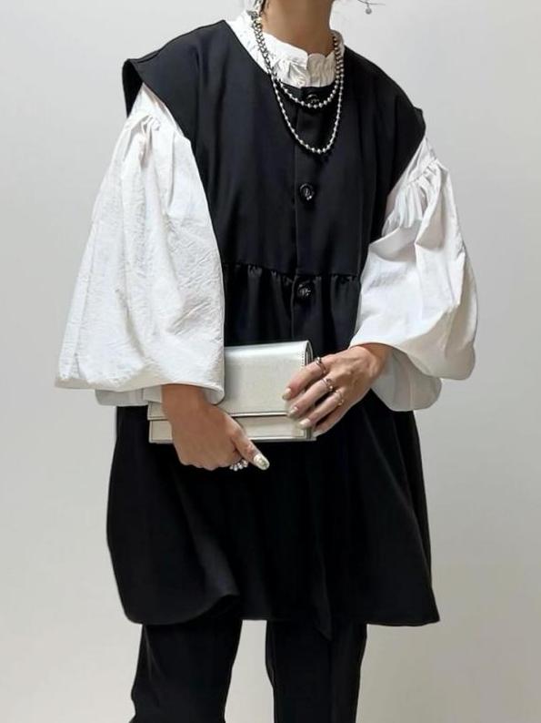 【新品殺到！】 無地 ノースリーブ ギャザー ボタン ラウンドネック シャツ