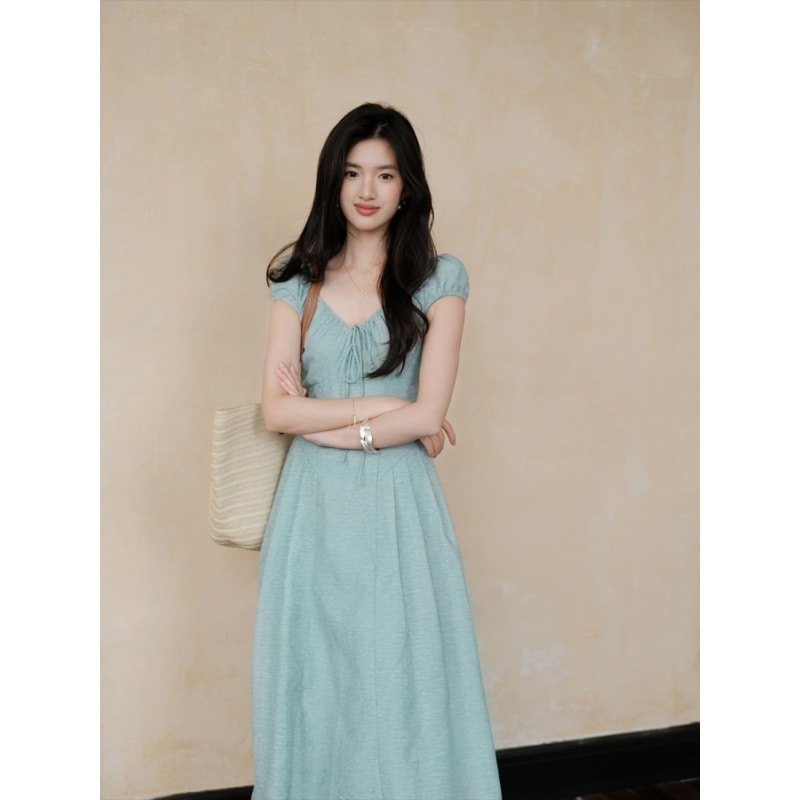 中国風の新しいスタイルの高級スリムな気質の長いVネックミントブルーウエストドレス