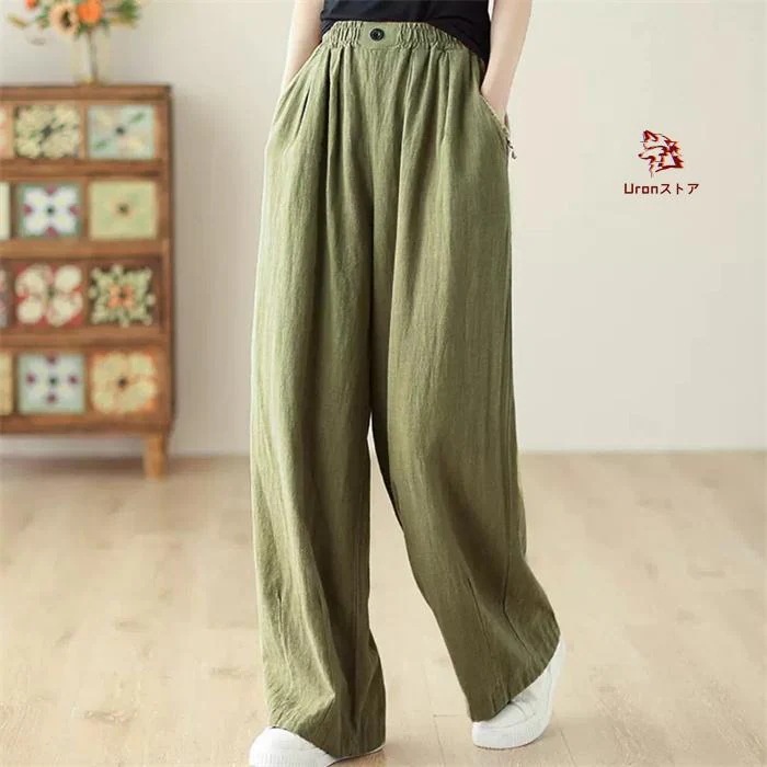 ワイドパンツ レディース きれいめ 夏 ロングパンツ 綿麻風 ストレートパンツ ワイドパンツ 綿麻風パンツ ワイド ウエストゴム イージーパンツ ズボン ワイドル