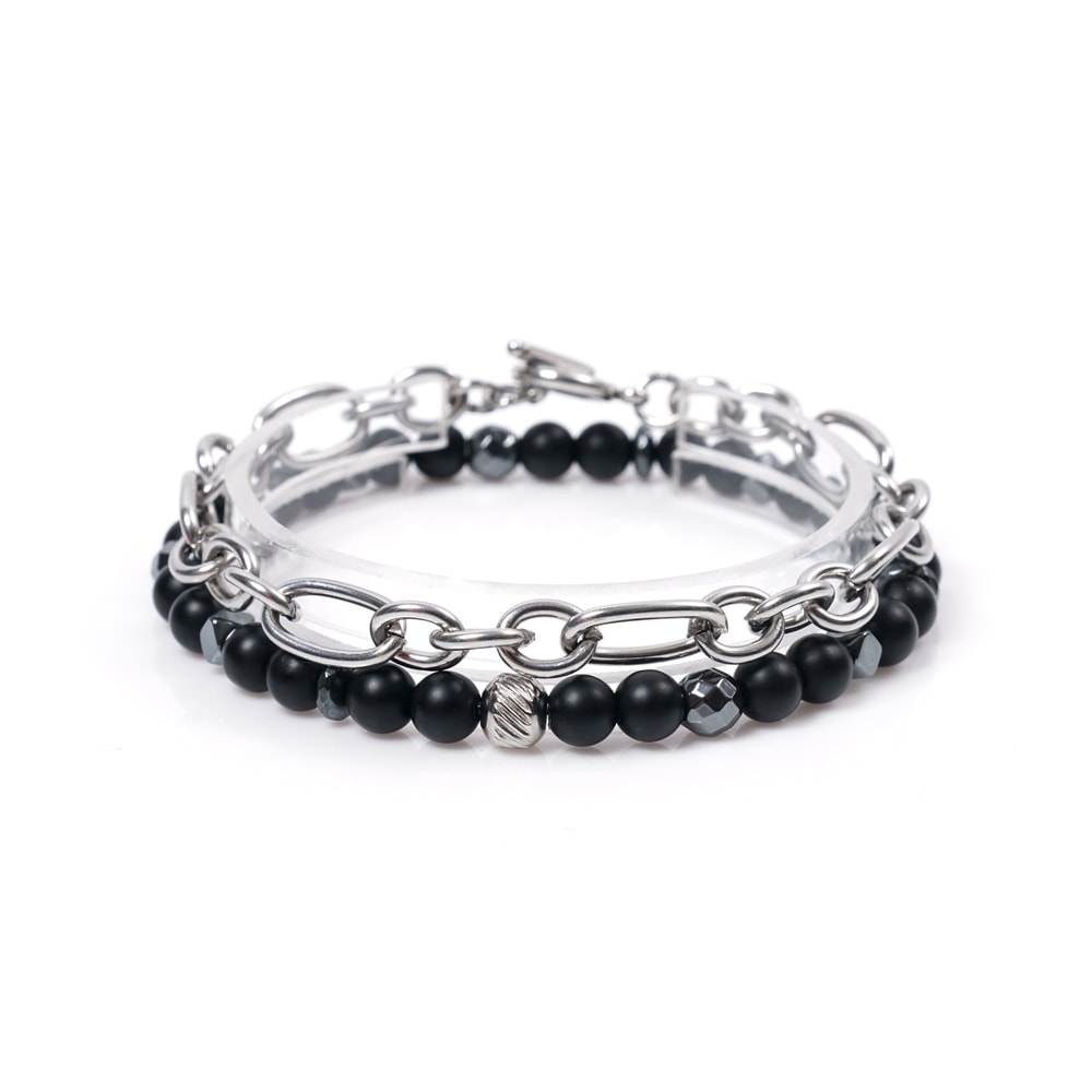 JBANS クラシック 7 ダブルタイプサージカル 732 チェーン 6mm ブラックジェムストーン 737 ブレスレットセット (C2101-SE213_BK)