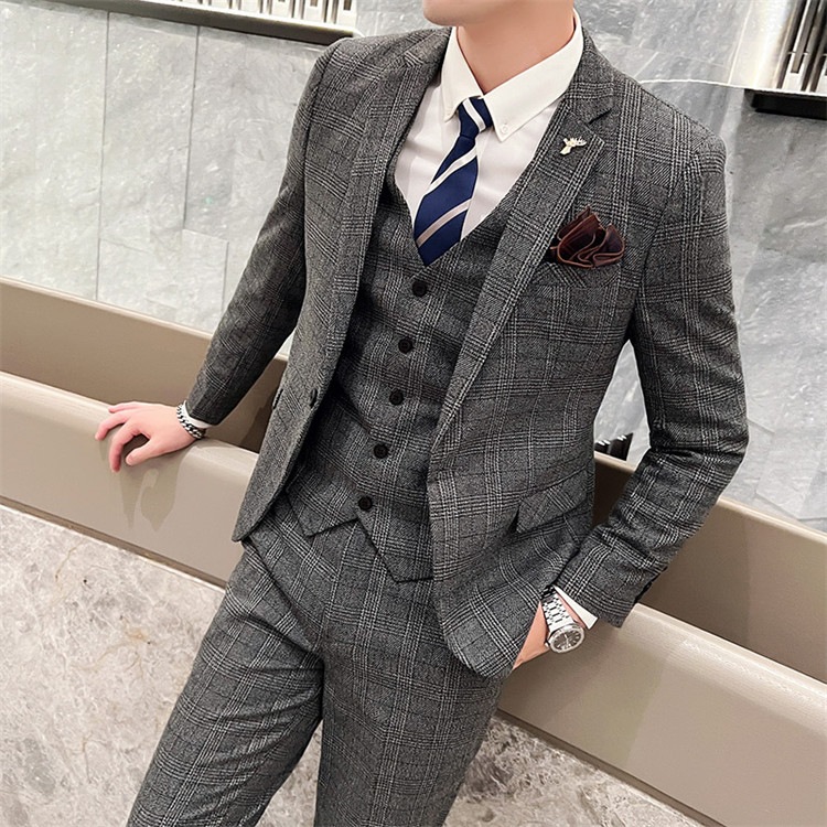 キャンペーン フォーマルスーツメンズ チェック柄 韓国風 男性 花婿 メンズ スーツ 3点セット ジャケット+パンツ+ 3ピーススーツ カジュアルスーツ 紳士服 披露宴 スリムスーツ ビジネススーツ 5,651円