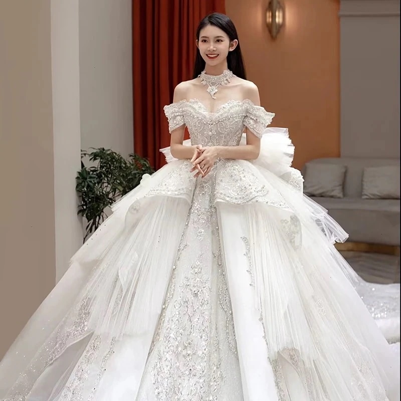 重工業 ウェディングドレス 2025 新作 花嫁 メイン糸 ワンショルダー 小さめ 妊婦 大きいサイズ 上質な質感 冬