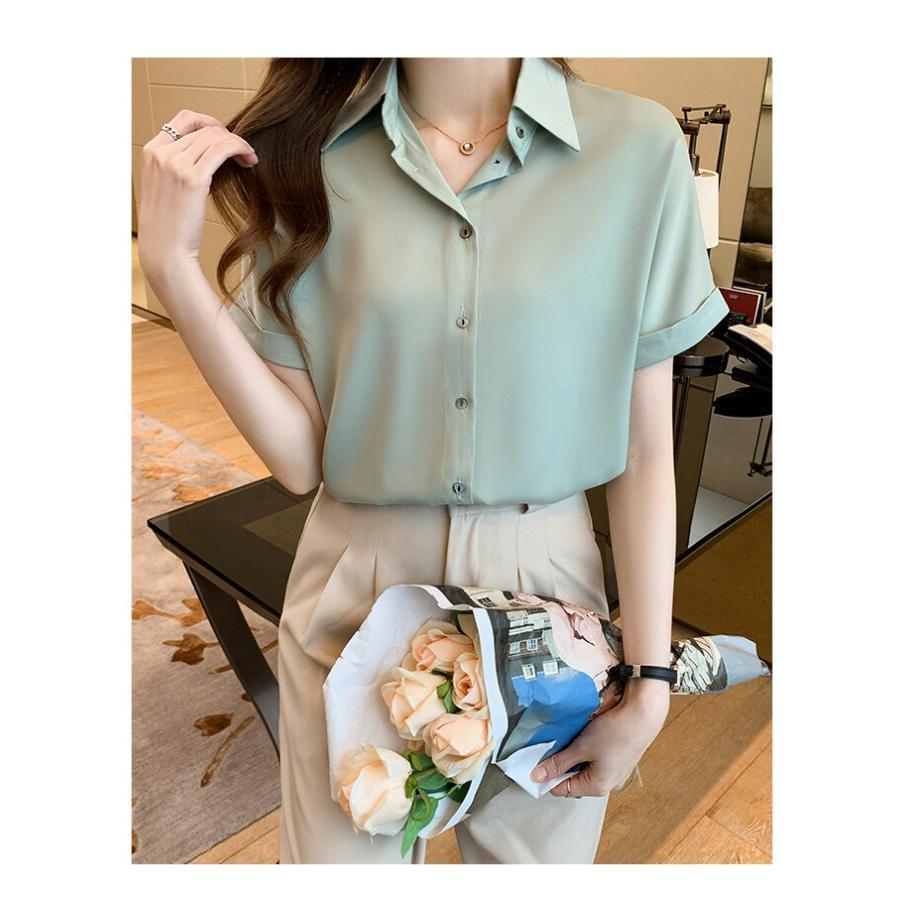 夏新作ブラウス レディース 夏 シフォン 全3色 S-2XL 半袖 シャツ おしゃれ トップス ブルー ホワイト きれいめ 大人可愛い 通勤 30代 40代 50代 無地 オフィス