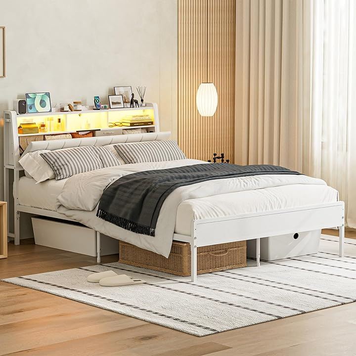 ベッドフレーム ダブルファブリックベッド 収納宮棚付き パイプベッド スチールベッド 革張りのベッド高さ調整 布張り 通気性 頑丈 カビ防止 安定性 耐久性 (ホワイト, ダブル)