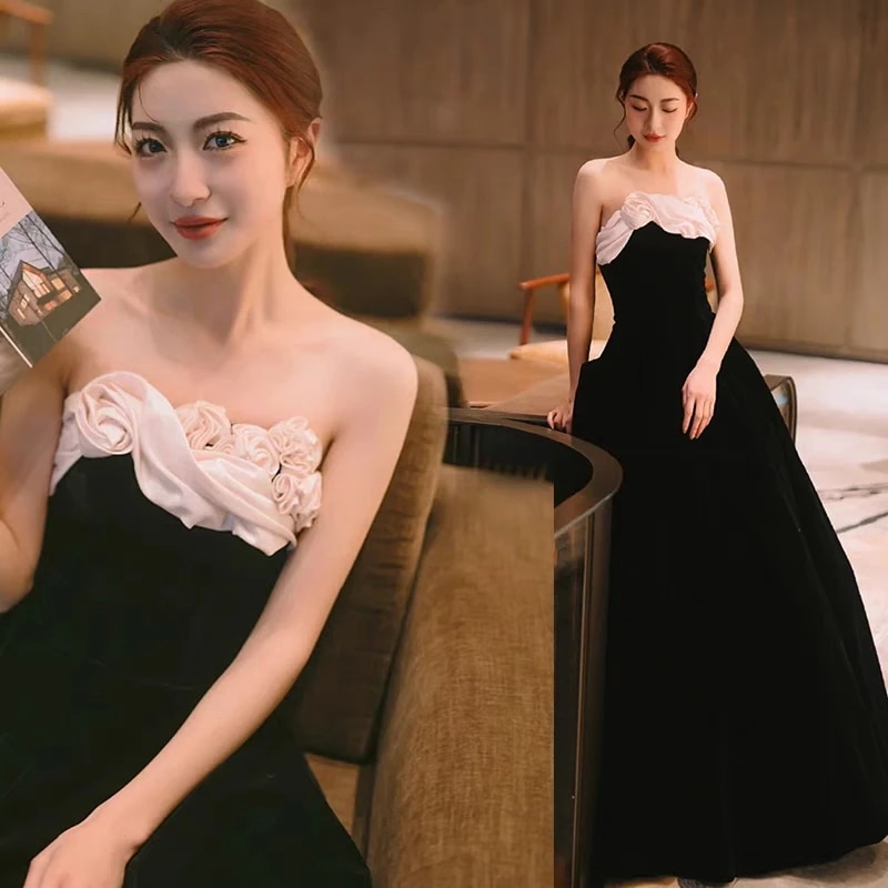 ウエディングドレ スブラック 花飾り Aラインドレス 安い 花嫁 挙式 二次会 ブライダル 結婚式 レディース ロングドレス