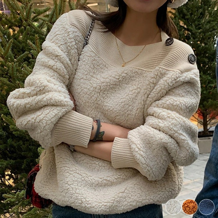 ボア トレーナー レディース 厚手 スウェット ムートン ニット 秋冬 秋 冬 トップス 長袖 切り換え ショート丈 クルーネック おしゃれ 暖かい 白 ネイビー オレンジ