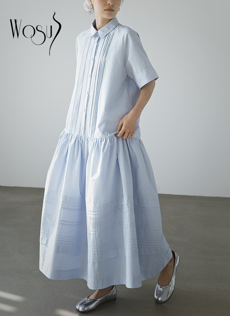 WOSU 立体感シャツロングワンピ 上品スタイル 立体シャツワンピース ゆったりスリム シンプルデザインロング丈 WS003