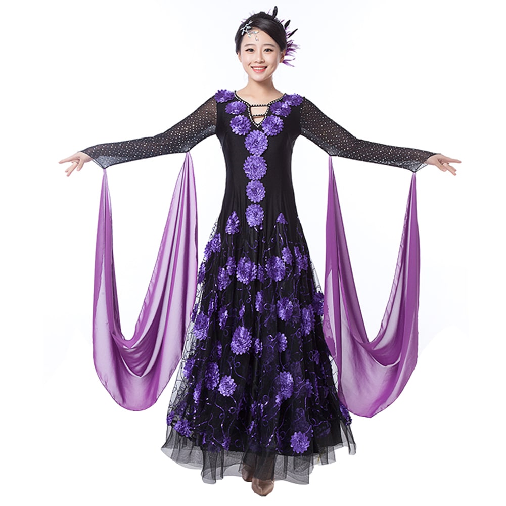 花柄 社交ダンス モダンドレス ワンピースドレス 4色 S~3XL 大きい裾 豪華 演出服 スタンダードドレス インターナショナルダンス 競技会 ワルツ服 練習着 競技用 ステージ衣装 パーティー ラ