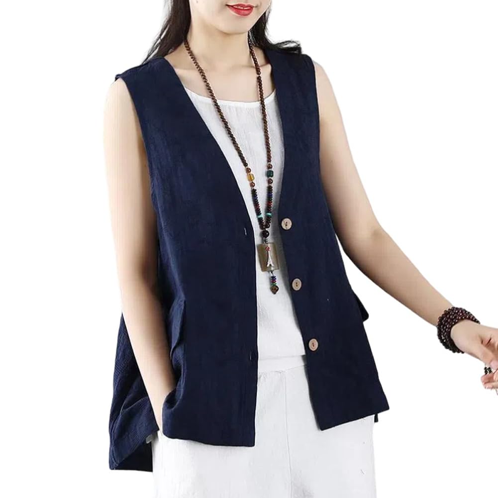 ベスト レディース 綿麻 前開 リネン ジャケット 羽織 アウター トップス Vネック カジュアル サマーベスト 大きいサイズ 重ね着風 チョッキ アウター 袖なし カーディガン 通勤 通学 体型カバ