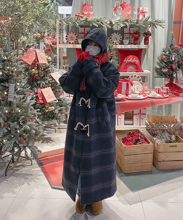 [キルティング裏地] ウール チェック パーカー トッポッキ ロング コート