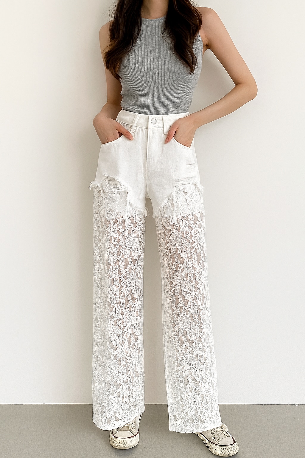 デニム×レースロングパンツ 異素材ミックスデニムパンツ ロングパンツ デニム ジーンズ ボトムス y2k 美脚 ストレートデニムパンツ レース ワイドパンツ ストリートコーデ アメカジコーデ 海外コー 5,442円