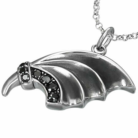 デビルウィングステンレスペンダントトップ（ブラック）黒色 ジルコニア 翼 羽根 ウイング 悪魔 サージカルステンレス316L ネックレス パーツ 首飾り アクセサリー stt00-00-0494