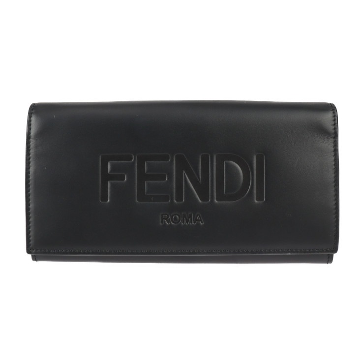 超美品 FENDI フェンディ 長財布 7M0264 コンチネンタル ウォレット カーフレザー ブラック シルバー金具 二つ折り ロゴ【本物保証】