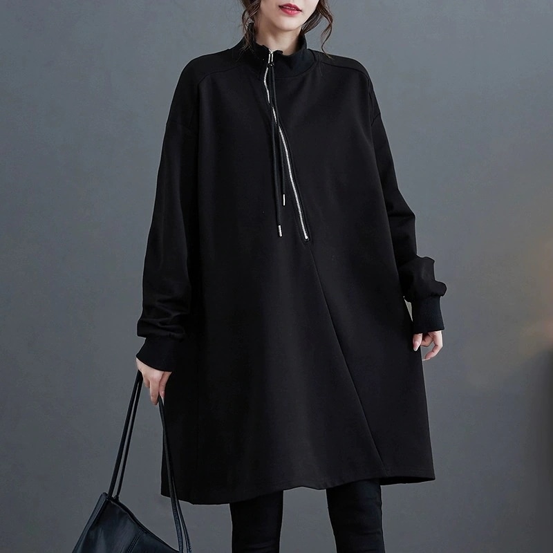 デザイン感小衆斜めファスナータートルネック カバープラスサイズ春秋マタニティウェア洋気長袖ワンピースロンT