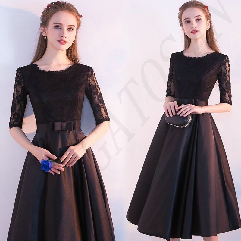 パーティードレス 結婚式 袖ありミモレ丈 ドレス ドレス ミディアム丈ドレス 演奏会 ドレス 二次会 ウェディングドレス 黒 パーティドレス お呼ばれ