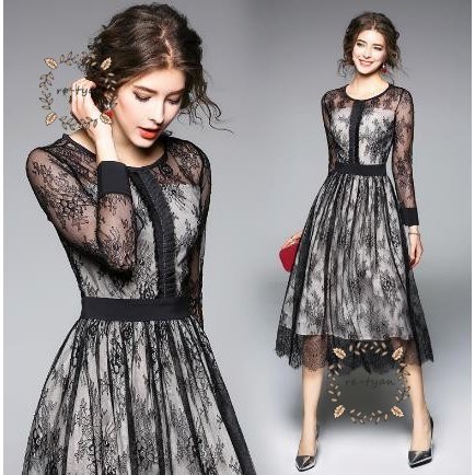 パーティードレス ミモレ丈　結婚式 ワンピース 袖あり 透け感レース デコルテが大人の魅力 レース 刺繍 フォーマルワンピース aライン 大きいサイズ フォーマル